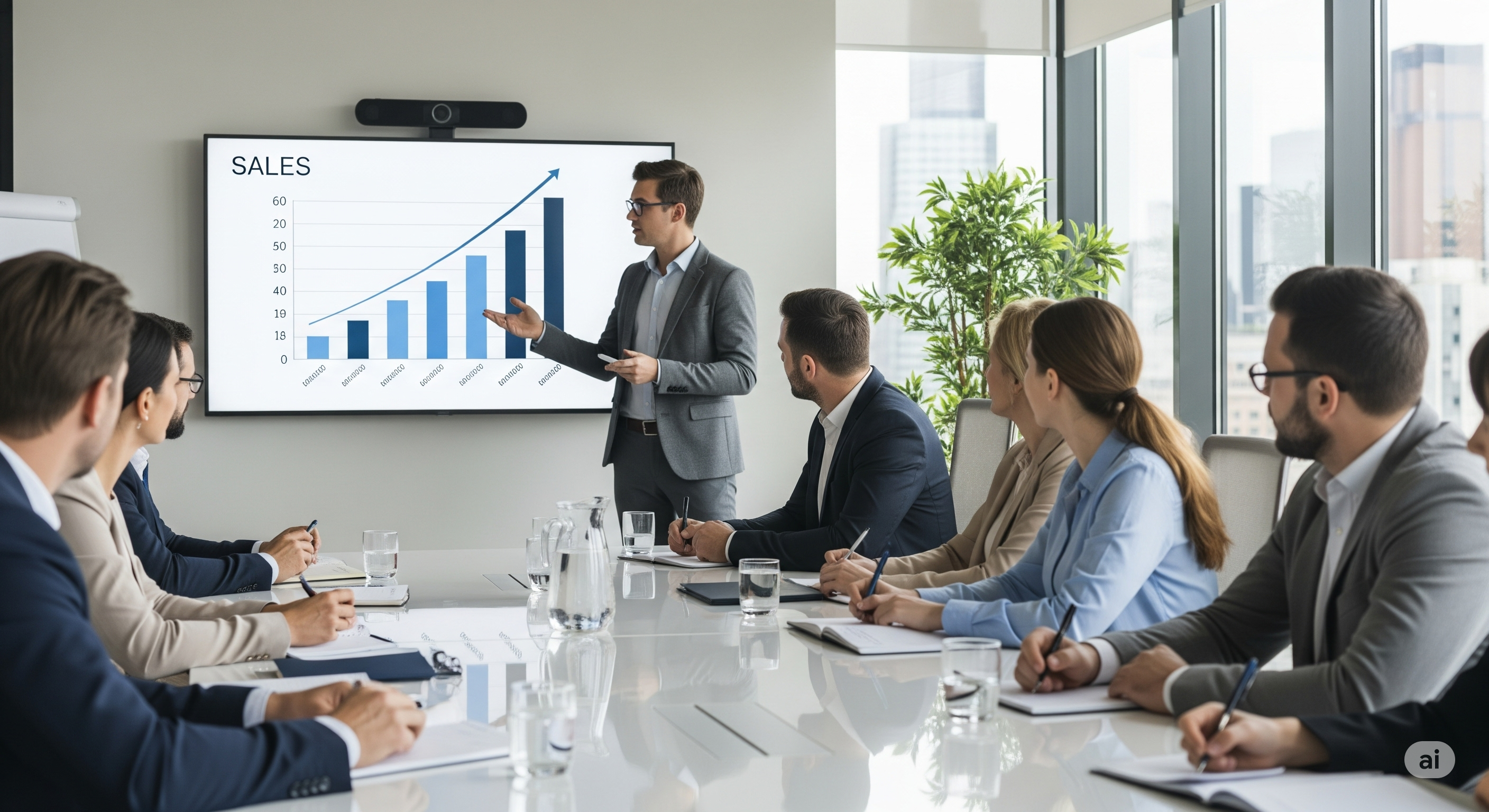 Prezentacja sprzedażowa B2B w nowoczesnej sali konferencyjnej, z europejskimi specjalistami o naturalnym wyglądzie, dyskutującymi nad wzrostem sprzedaży. Idealne dla firm z branży wydawniczej.