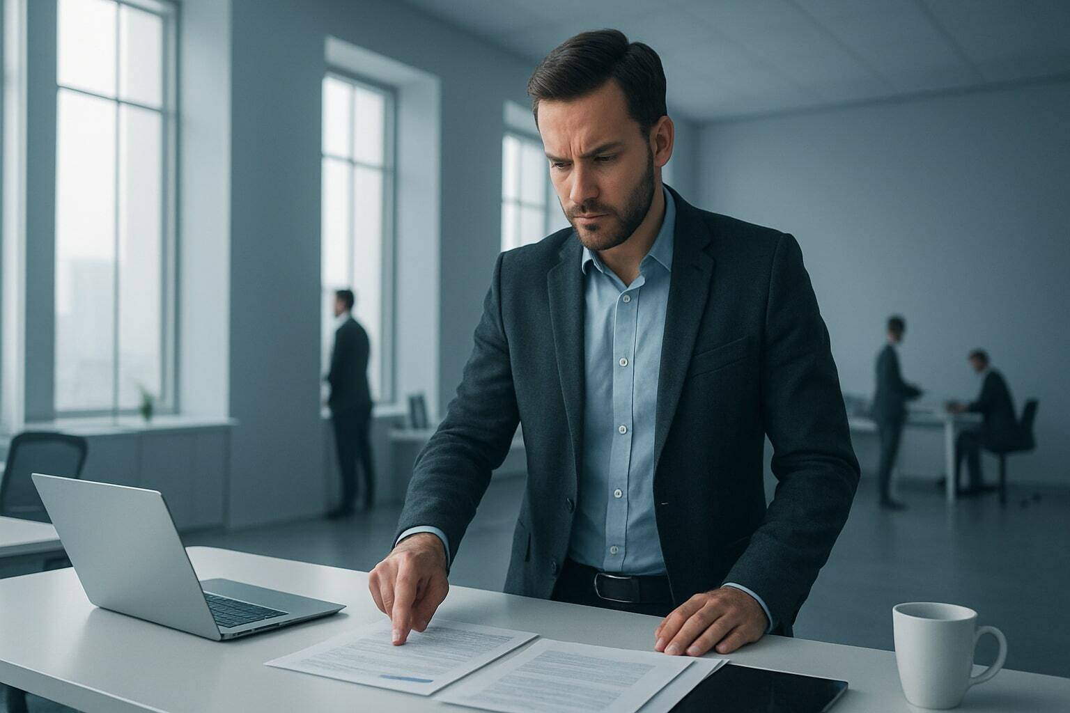 Nowy Head of Digital analizujący dokumenty w biurze – ilustracja do artykułu o 5 pułapkach w firmie technologicznej