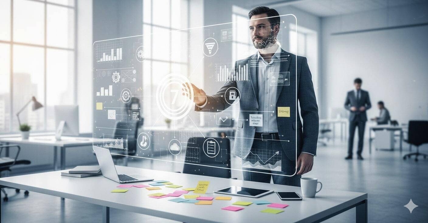 Efektywne planowanie strategii cyfrowej w software house. Mężczyzna w biurze, przed nim panel z danymi i karteczki strategiczne.